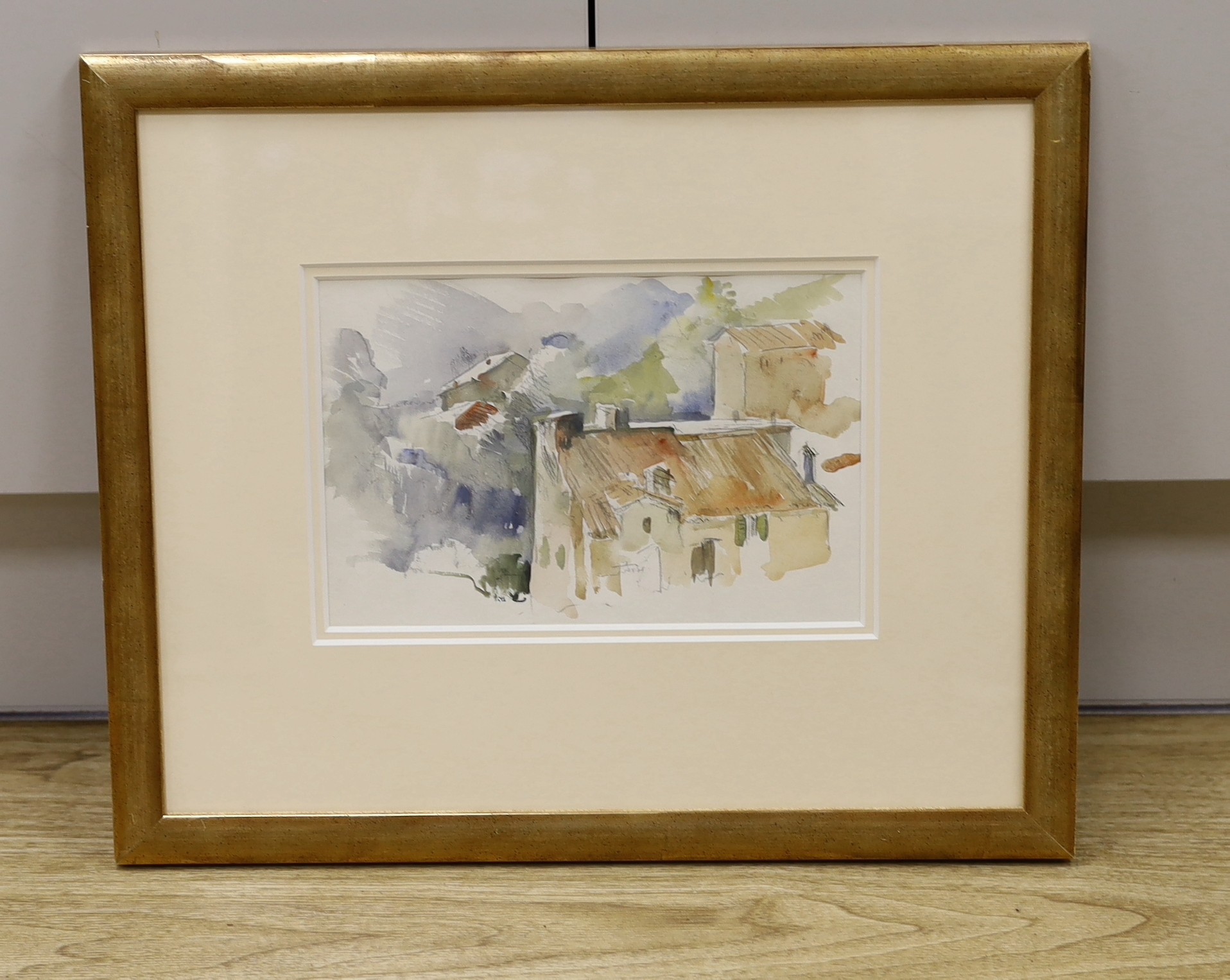 Charles Cundall (1890-1971), watercolour, 'Mountain village, Italy', Louis Kosman label verso, 16 x 25cm